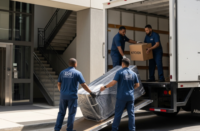 Professional movers loading boxes from an apartment building into a moving truck