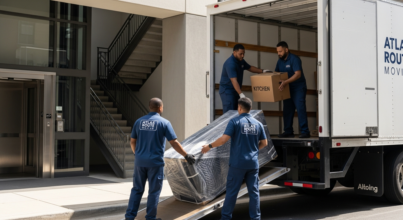 Professional movers loading boxes from an apartment building into a moving truck