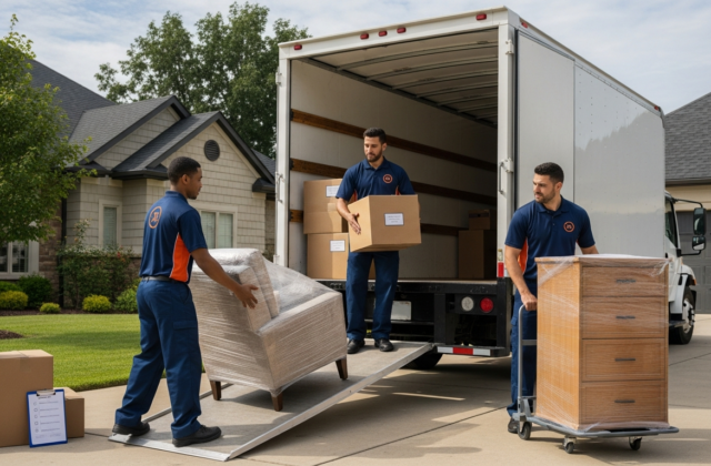 Professional movers loading labeled boxes into a moving truck on moving day
