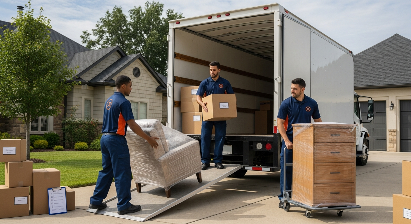 Professional movers loading labeled boxes into a moving truck on moving day