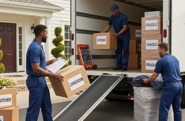Professional movers loading labeled boxes into a moving truck outside a house