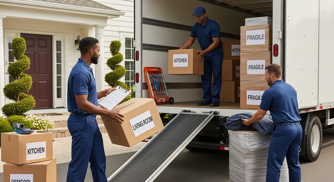 Professional movers loading labeled boxes into a moving truck outside a house