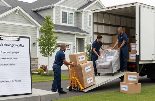 Professional movers loading labeled boxes and furniture using an 8-week moving checklist
