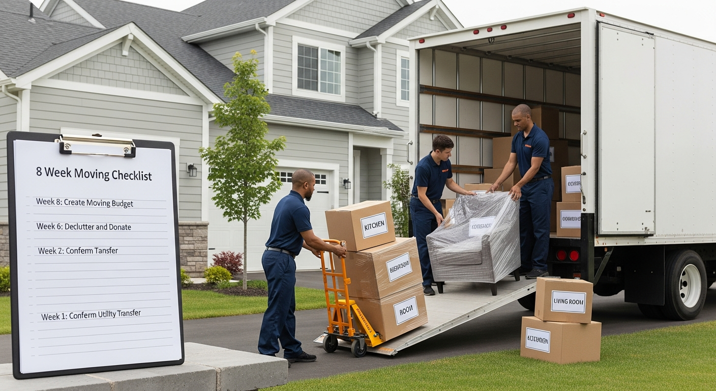 Professional movers loading labeled boxes and furniture using an 8-week moving checklist