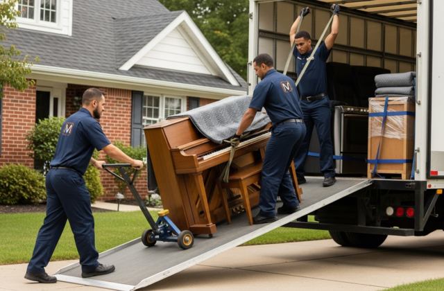 Professional movers using specialized equipment to move a piano safely