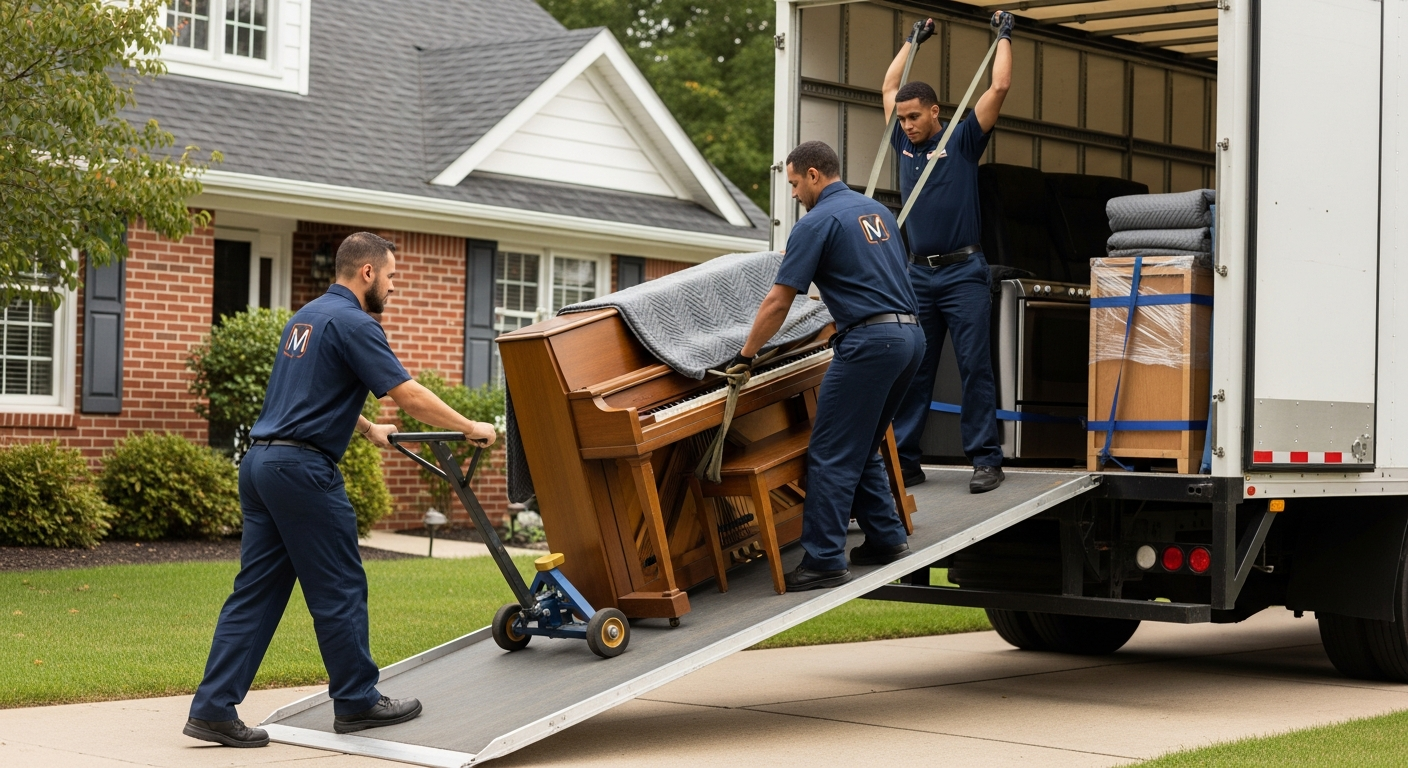 Professional movers using specialized equipment to move a piano safely
