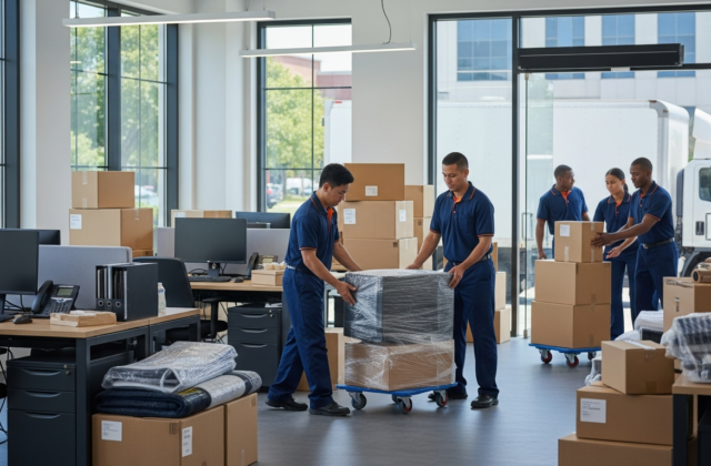 Professional movers packing office desks and equipment for a business relocation