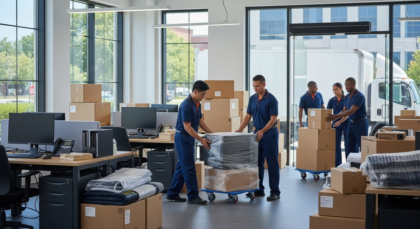 Professional movers packing office desks and equipment for a business relocation