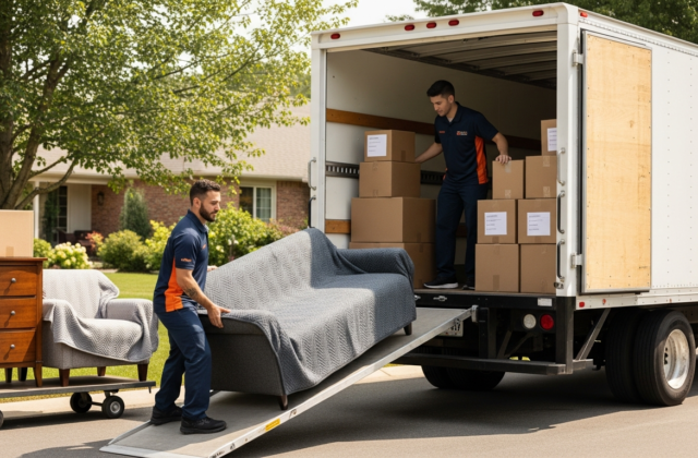 Professional movers loading protected furniture and boxes into a truck