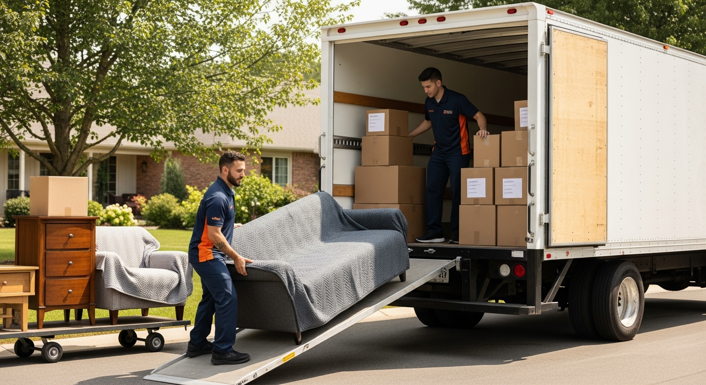 Professional movers loading protected furniture and boxes into a truck