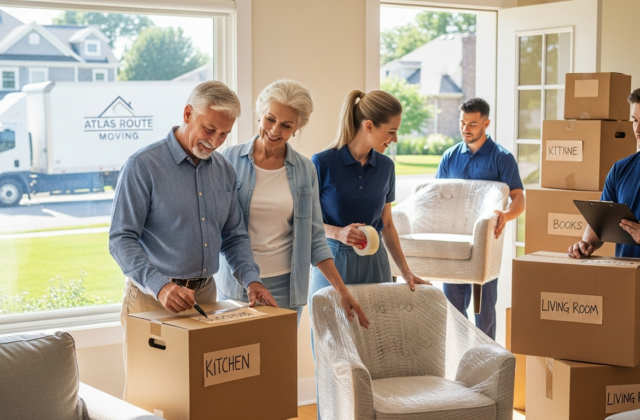 Senior couple and family working with movers while downsizing their home