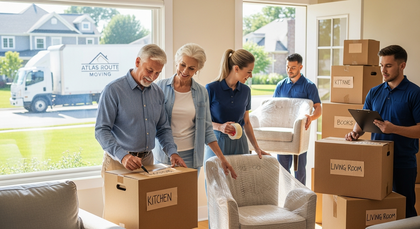 Senior couple and family working with movers while downsizing their home