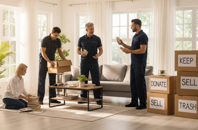 Professional movers helping a family declutter a living room before moving