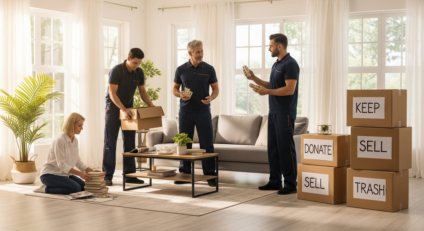 Professional movers helping a family declutter a living room before moving