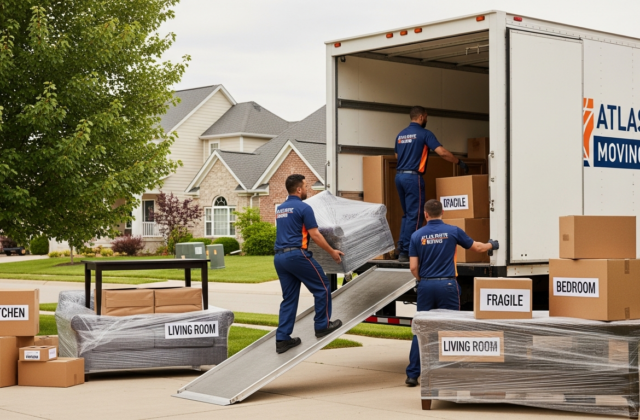Professional movers loading a long-distance moving truck with labeled boxes and wrapped furniture in a suburban neighborhood