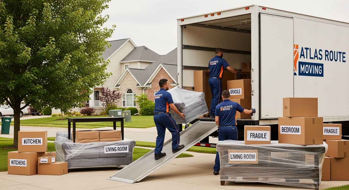Professional movers loading a long-distance moving truck with labeled boxes and wrapped furniture in a suburban neighborhood