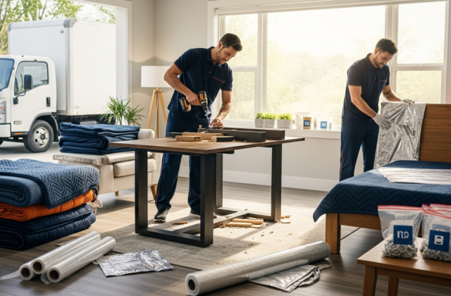 Professional movers disassembling and wrapping furniture for moving