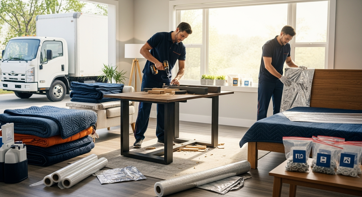 Professional movers disassembling and wrapping furniture for moving