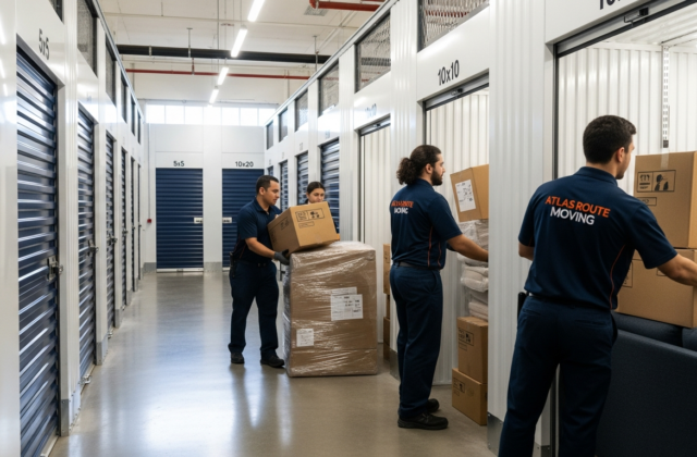 Professional movers loading boxes into a medium-sized storage unit in a clean indoor facility