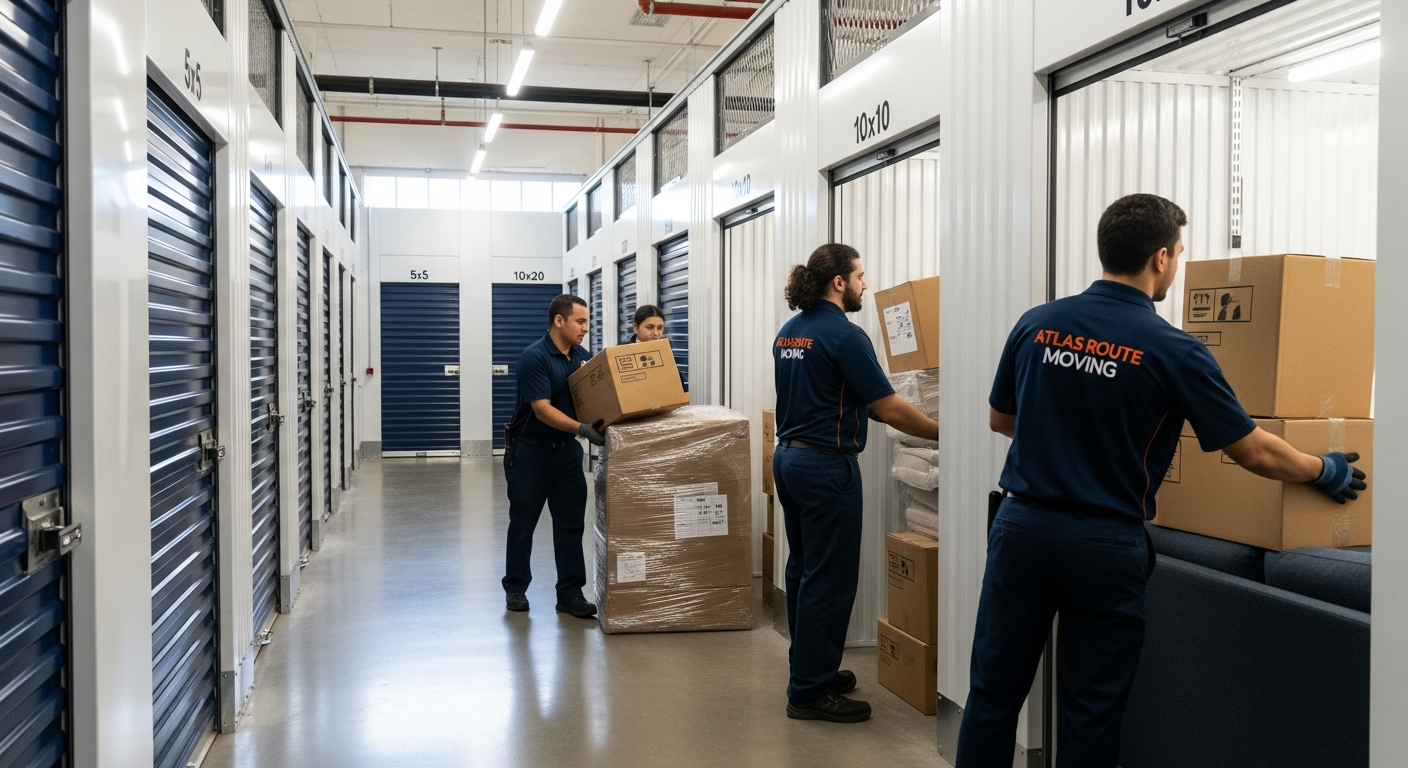 Professional movers loading boxes into a medium-sized storage unit in a clean indoor facility