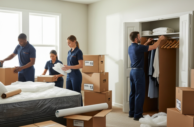 Professional movers packing a bedroom closet with wardrobe boxes and labeled cartons