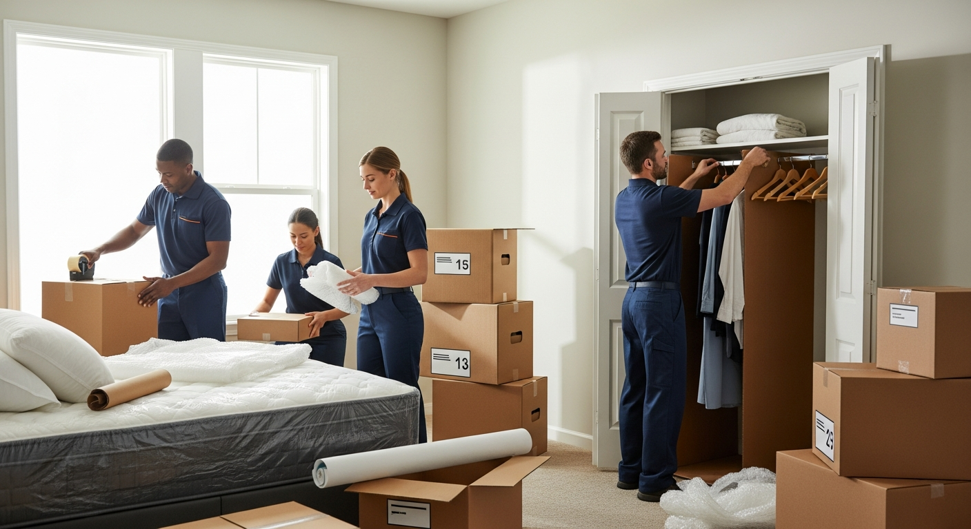 Professional movers packing a bedroom closet with wardrobe boxes and labeled cartons