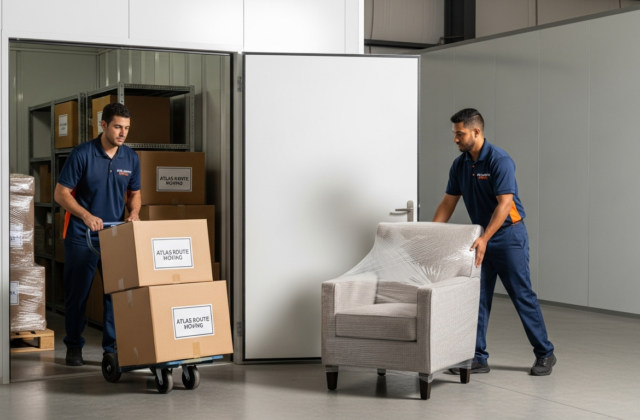 Professional movers placing labeled boxes into a clean storage unit during a household move