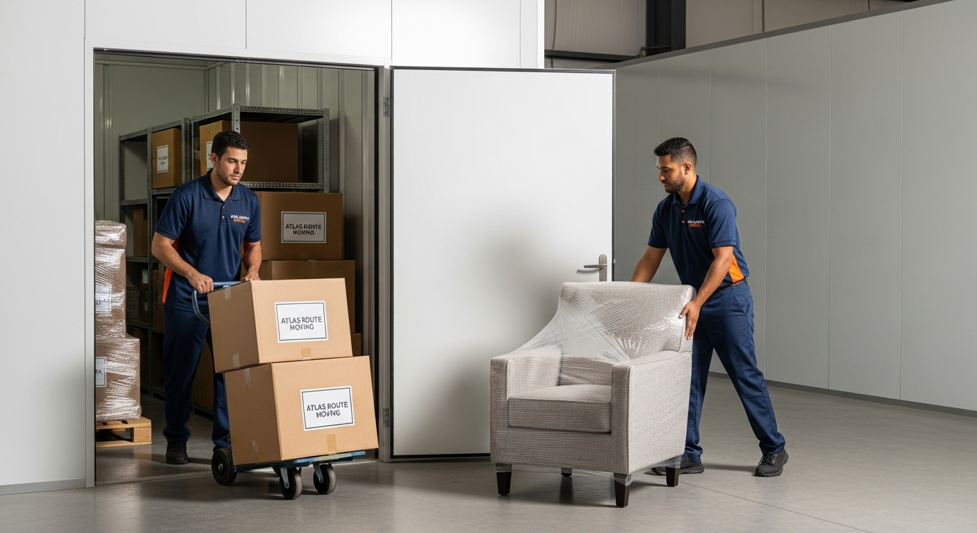 Professional movers placing labeled boxes into a clean storage unit during a household move