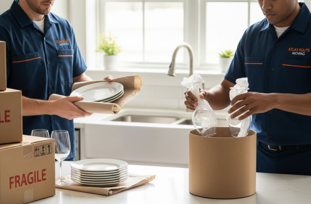 Professional movers wrapping dishes and glassware in a kitchen before moving