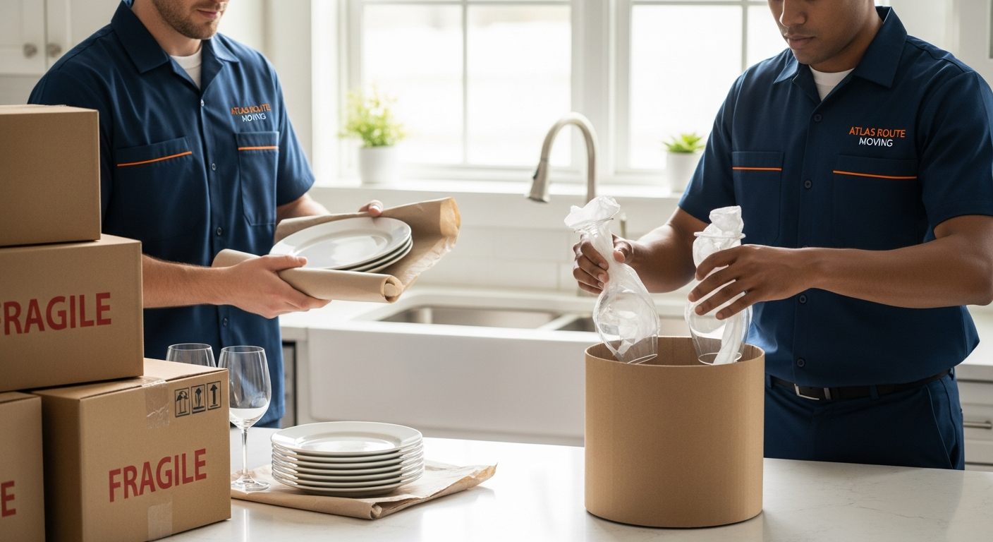 Professional movers wrapping dishes and glassware in a kitchen before moving