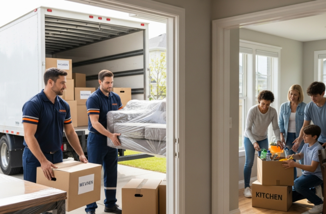 Professional movers unloading boxes as a family starts unpacking in their new home