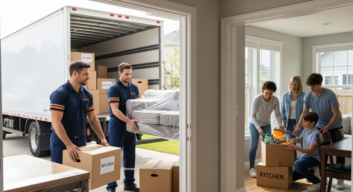 Professional movers unloading boxes as a family starts unpacking in their new home