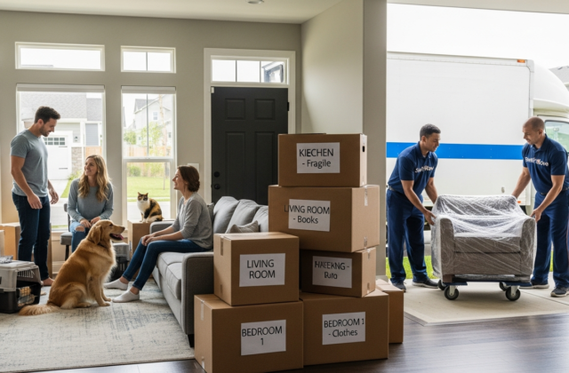Family preparing dog and cat for a long-distance move with professional movers loading boxes into a truck.