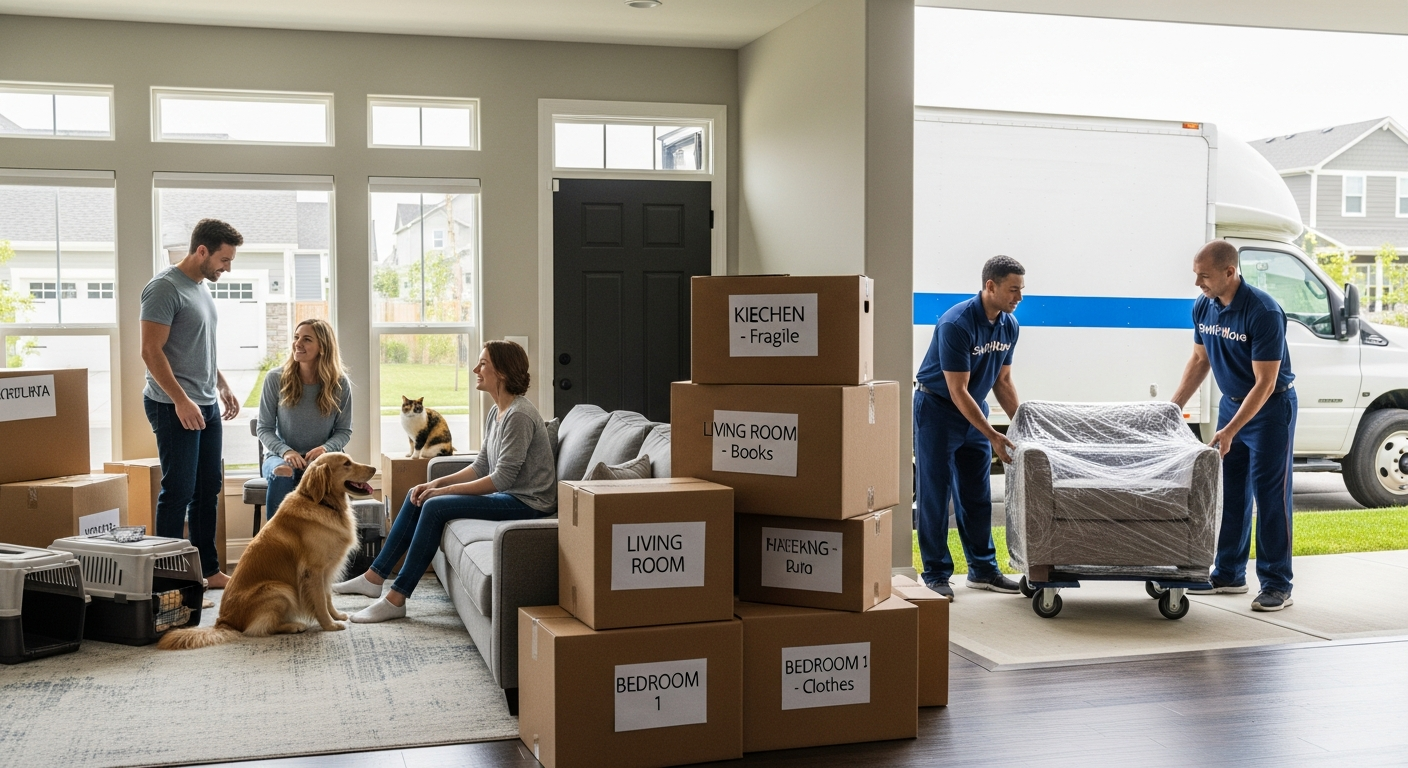 Family preparing dog and cat for a long-distance move with professional movers loading boxes into a truck.