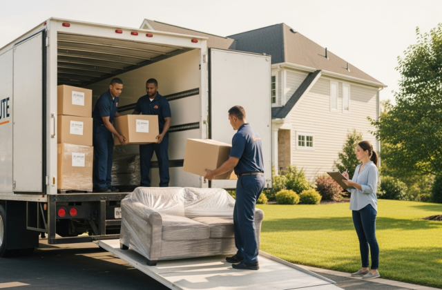 Professional movers loading labeled boxes during the week before moving
