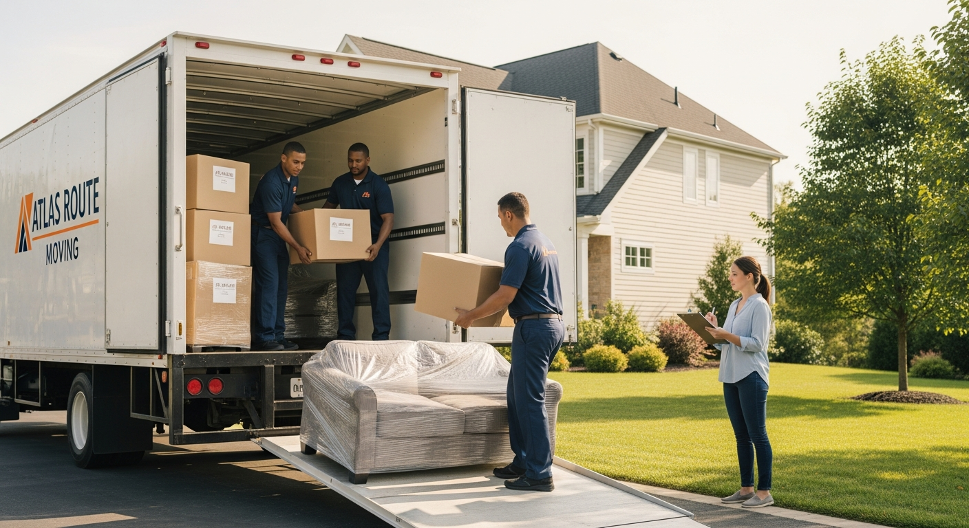 Professional movers loading labeled boxes during the week before moving