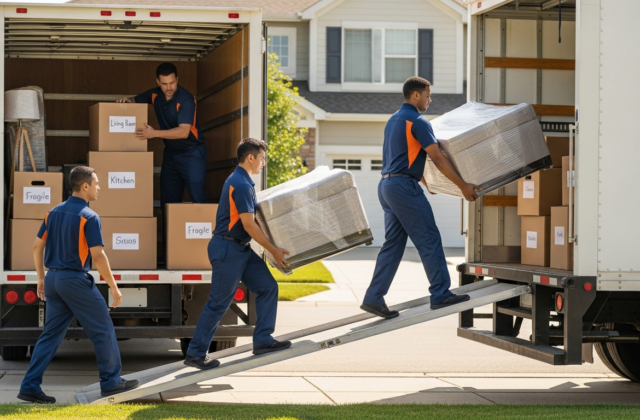 Professional movers loading labeled boxes into a local moving truck in a suburban driveway