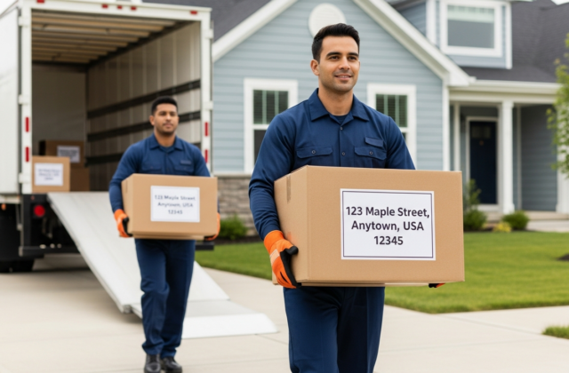 Professional movers loading labeled boxes into a moving truck outside a suburban home
