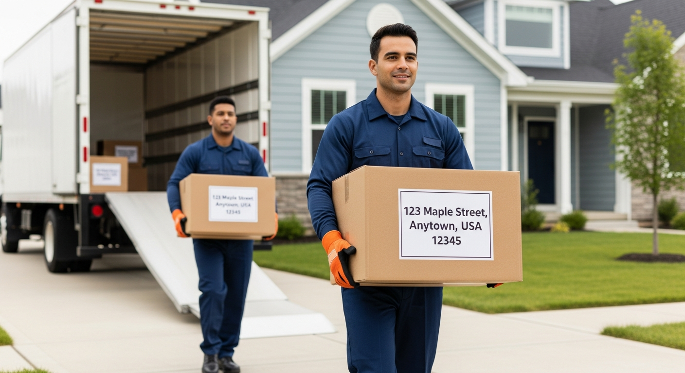 Professional movers loading labeled boxes into a moving truck outside a suburban home