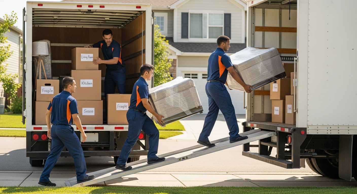 Professional movers loading labeled boxes into a local moving truck in a suburban driveway