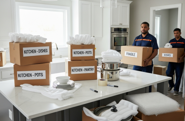Professional movers packing a modern kitchen with labeled boxes and protected cookware