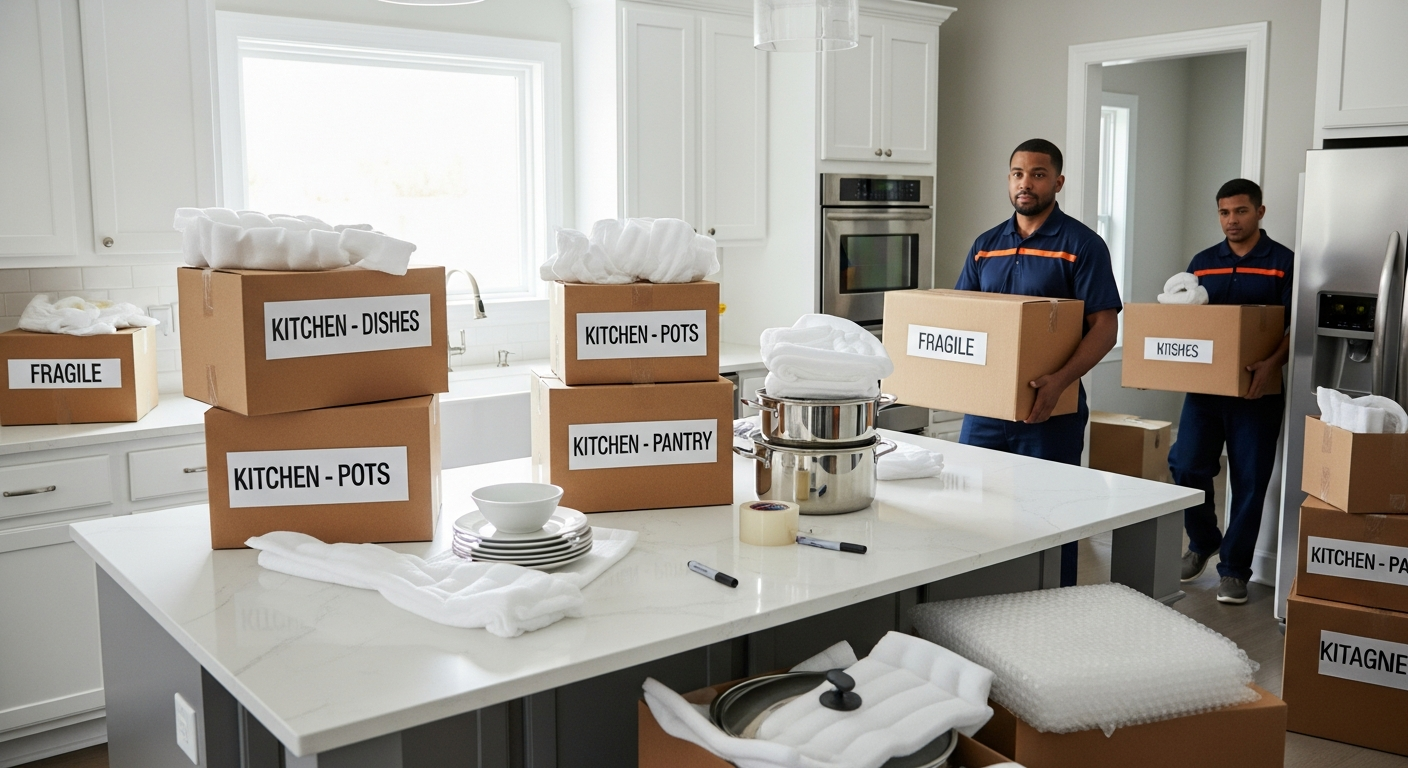 Professional movers packing a modern kitchen with labeled boxes and protected cookware
