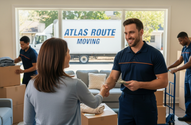 Homeowner tipping professional movers after a successful move