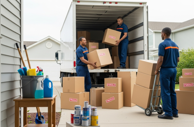 Professional movers loading boxes while hazardous items are set aside