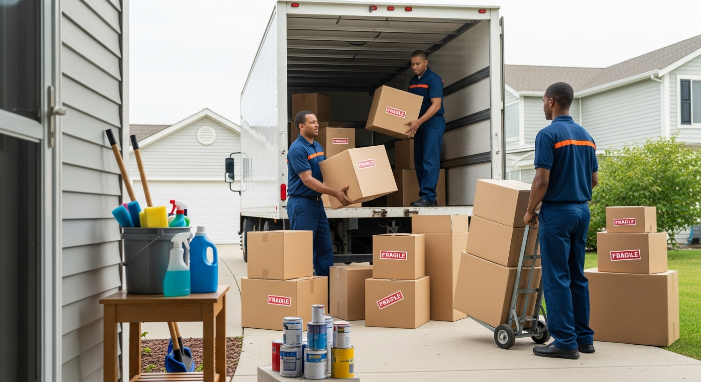 Professional movers loading boxes while hazardous items are set aside