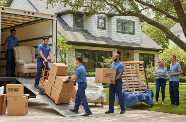 Professional movers loading a truck during a hot summer move with boxes and protected furniture