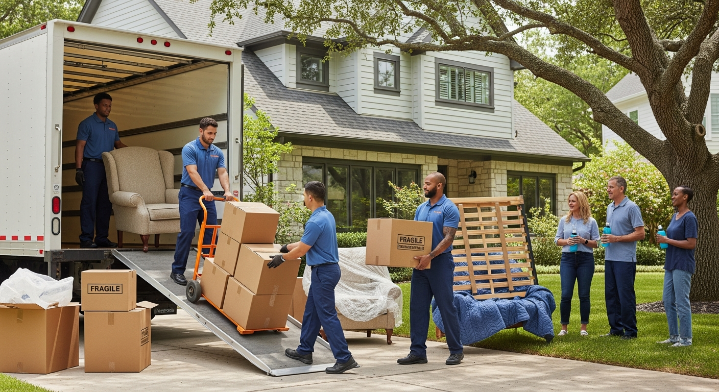 Professional movers loading a truck during a hot summer move with boxes and protected furniture