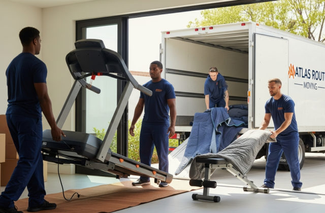 Professional movers carefully moving a treadmill and home gym equipment from a house into a truck