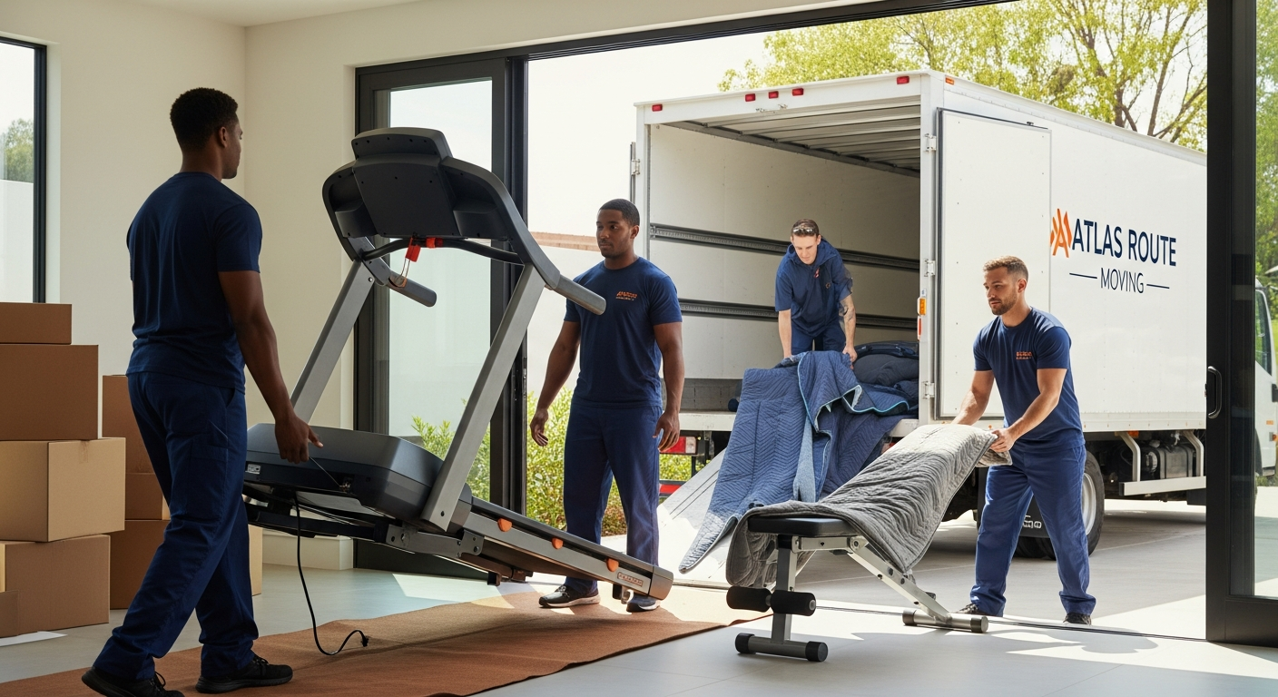 Professional movers carefully moving a treadmill and home gym equipment from a house into a truck