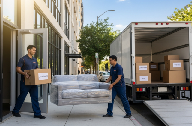 Professional movers carrying boxes from a studio apartment into a local moving truck
